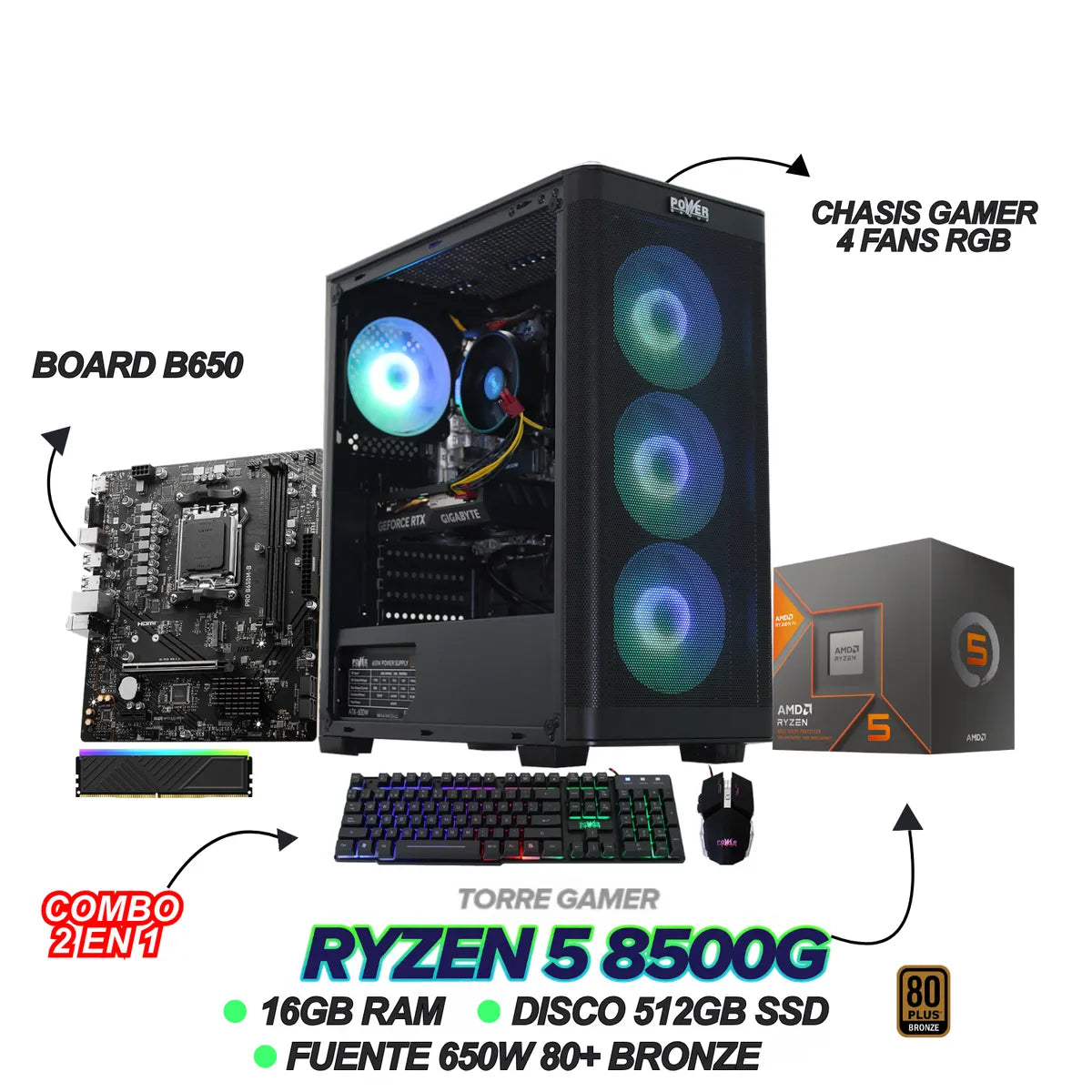 PC GAMER RYZEN 5 8500G - BOARD B650M - FUENTE 650W + COMBO 2 EN 1