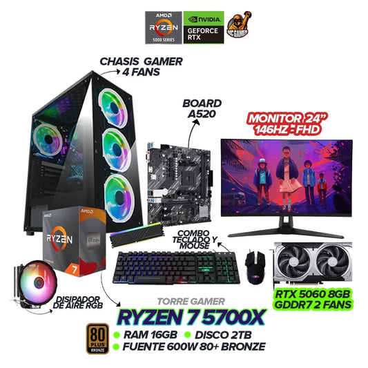 PC GAMER RYZEN 7 5700X / 5060 8GB / 16GB RAM / 2TB SSD / 600W / 4 FANS / MONITOR ASUS TUF 24" 146hz