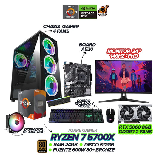 PC GAMER RYZEN 7 5700X / 5060 8GB / 24GB RAM / 512GB SSD / 600W / 4 FANS / MONITOR ASUS TUF 24"146hz
