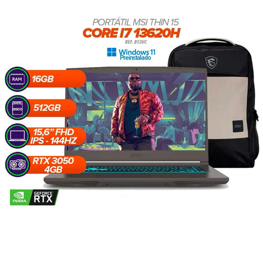 MSI Thin 15 B13UC / Core i7-13620H / 16GB RAM / SSD 512GB / RTX 3050 / 15.6” FHD 144Hz + Morral