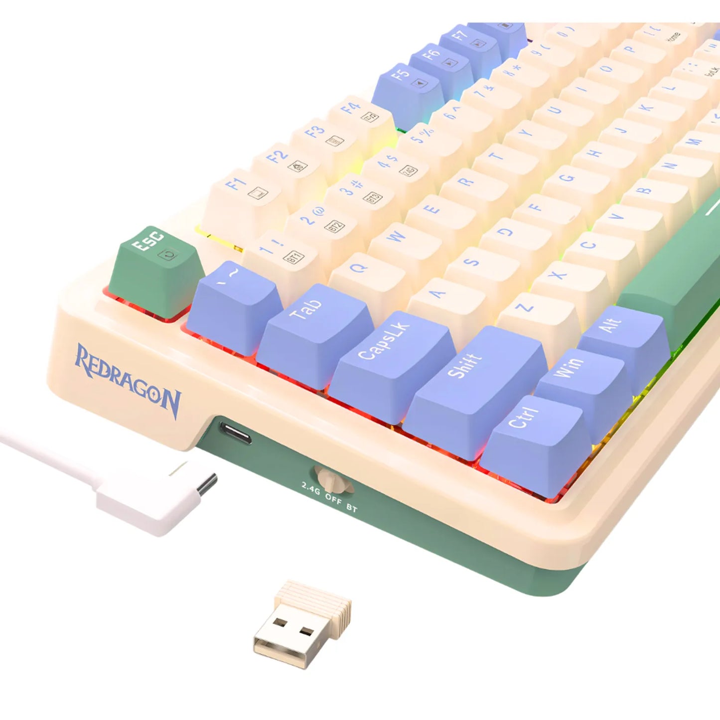 TECLADO REDRAGON UCAL PRO K673CPG RGB PRO SP / CREMA PURPURA VERDE