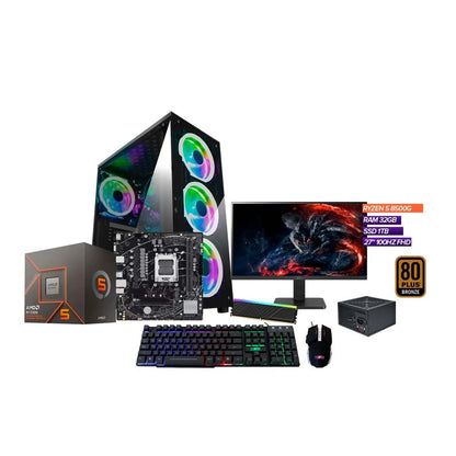 TORRE GAMER RYZEN 5 8500G / 32GB RAM / SSD 1TB / BOARD A620 / CHASIS 4 FANS RGB / MONITOR 27” 100HZ