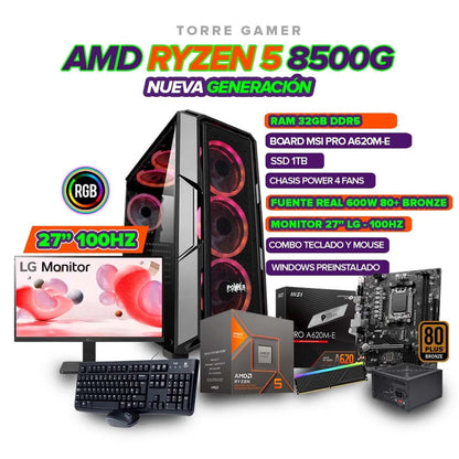 TORRE GAMER RYZEN 5 8500G / 32GB RAM / SSD 1TB / BOARD A620 / CHASIS 4 FANS RGB / MONITOR 27” 100HZ