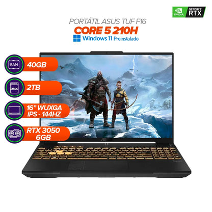 PORTÁTIL GAMER ASUS TUF F16 / Intel Core 5 210H / RTX 3050 / 40GB RAM / 2TB SSD / 16" WUXGA 144Hz