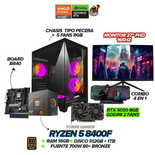 PC GAMER RYZEN 5 8400F / RTX 5050 8GB / 16GB RAM / SSD 1.5TB / Monitor 27" 165hz