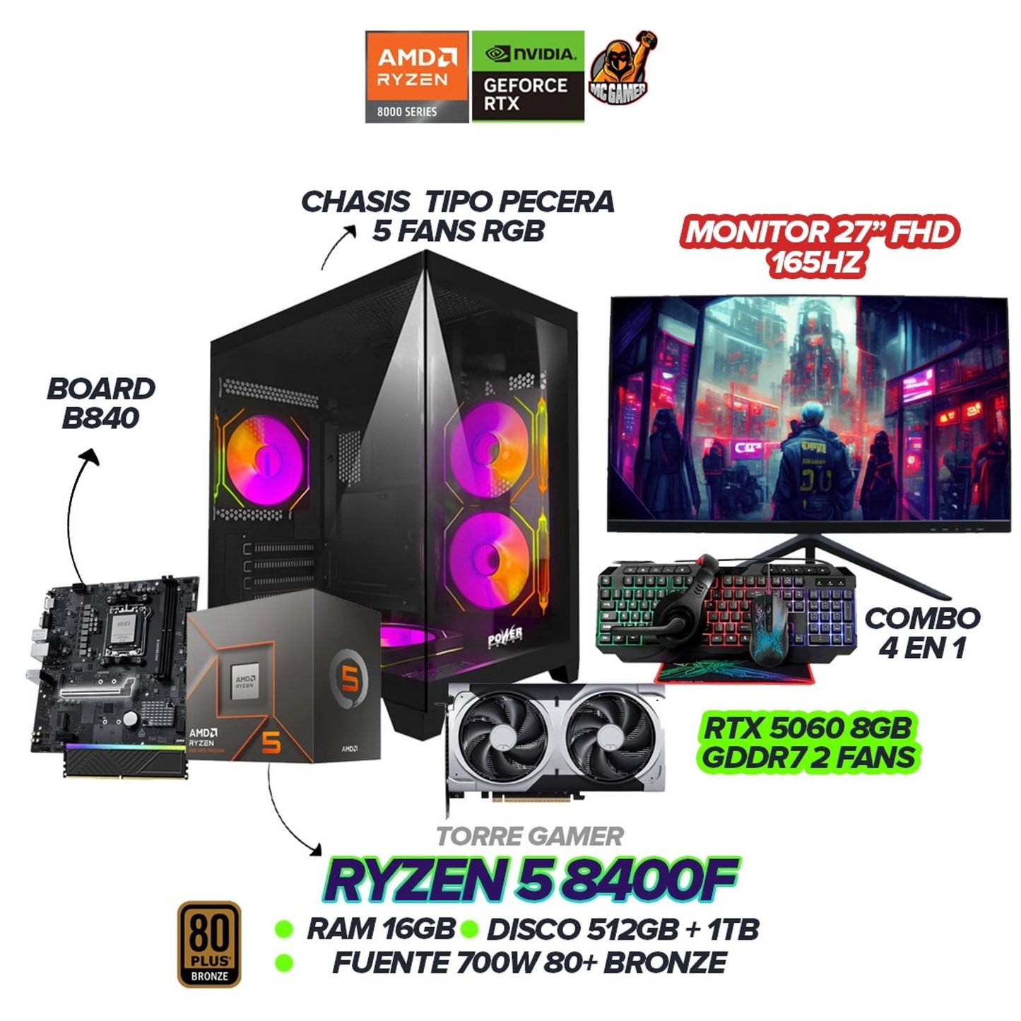 PC GAMER RYZEN 5 8400F / RTX 5060 8GB / 16GB RAM / SSD 1.5TB / Monitor 27" 165hz
