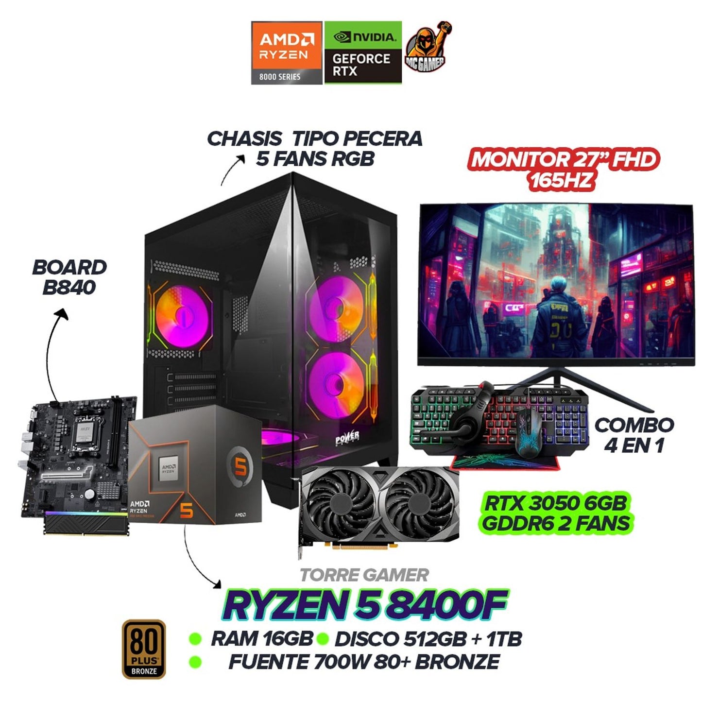 PC GAMER RYZEN 5 8400F / RTX 3050 6GB / 16GB RAM / SSD 1.5TB / Monitor 27" 165hz