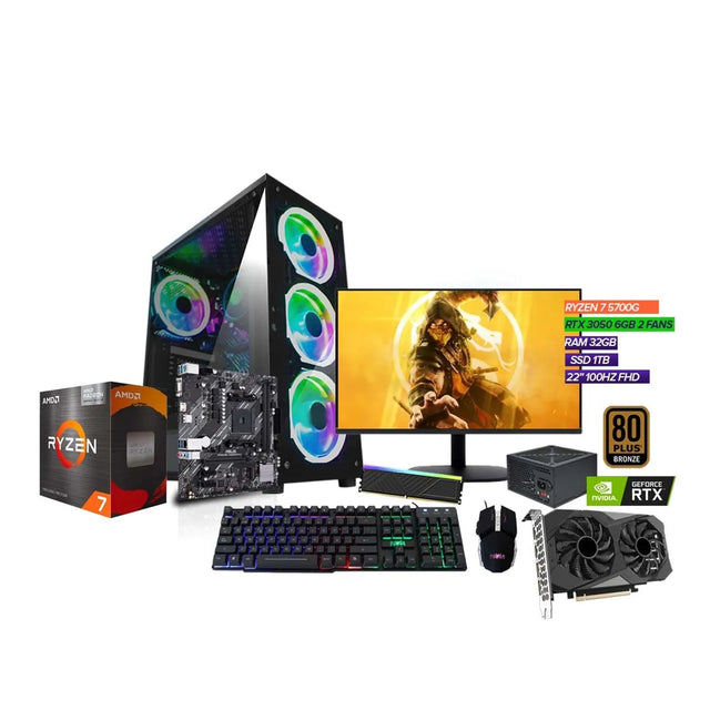 TORRE GAMER / RYZEN 7 5700G / 32GB RAM / RTX 3050 6GB / SSD 1TB / BOARD A520 / MONITOR 22" FHD