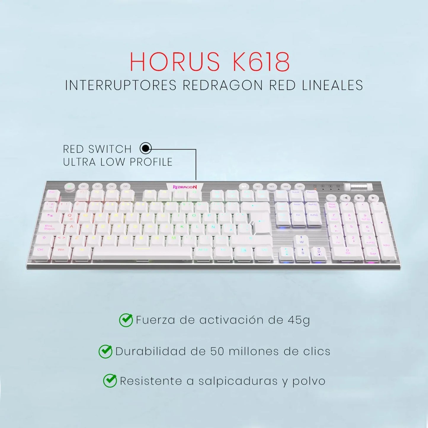Teclado Mecánico Inalámbrico Redragon Horus K618W-RGB / Switch Red / Blanco