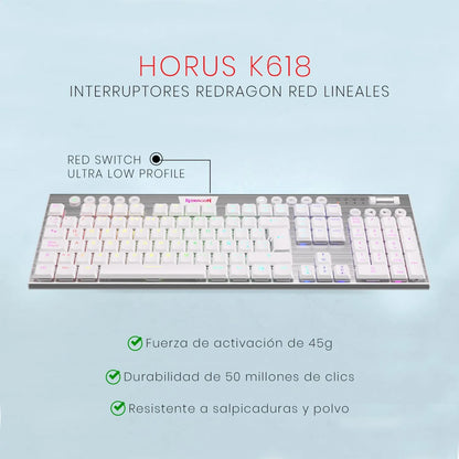 Teclado Mecánico Inalámbrico Redragon Horus K618W-RGB / Switch Red / Blanco